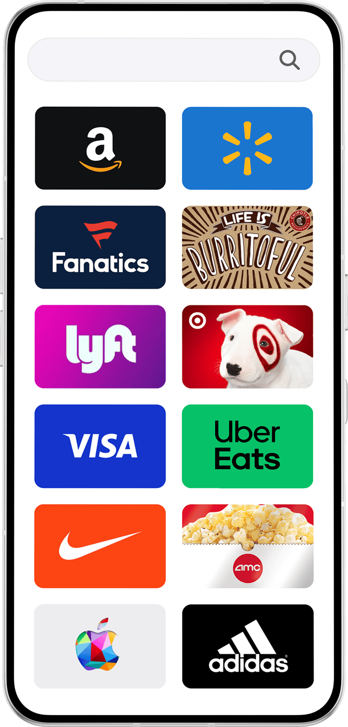 Phone showing gift card catalog selection