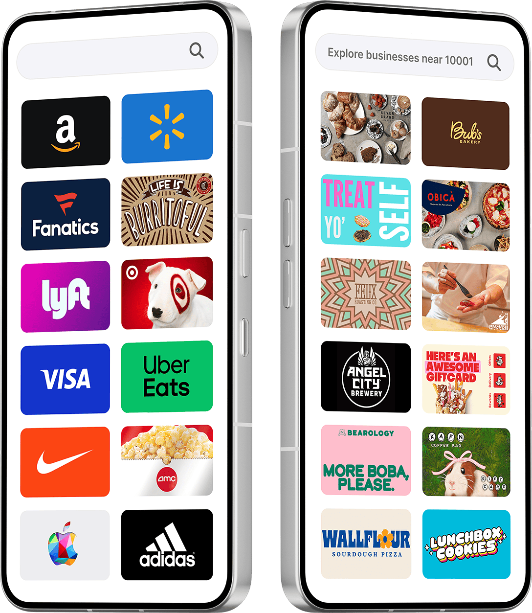 Two phones showing national and local gift card catalog options
